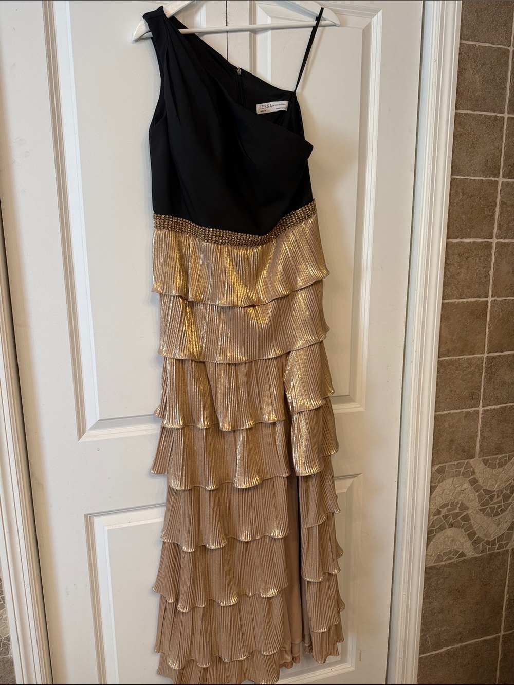 One-Shoulder Black and Gold Tiered Evening Dress